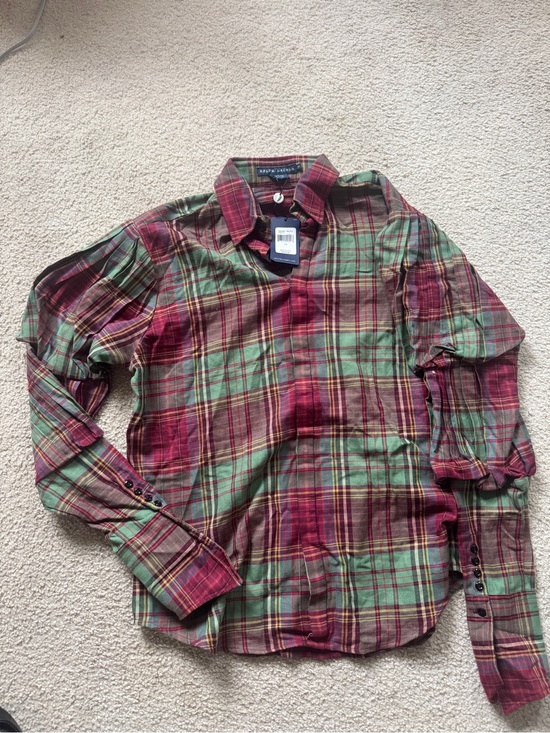 Ralph Lauren Tops - New RALPH LAUREN Size 14 Red & Green Plaid Cotton Blouse Puff Sleeves